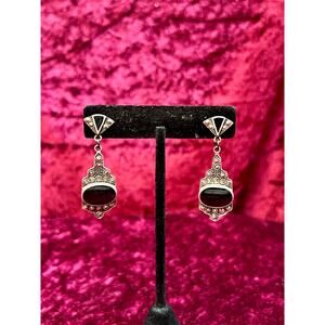 Vintage Jewelry Dangle / Drop Earrings 925 Silver Art Deco Onyx and Marcasite